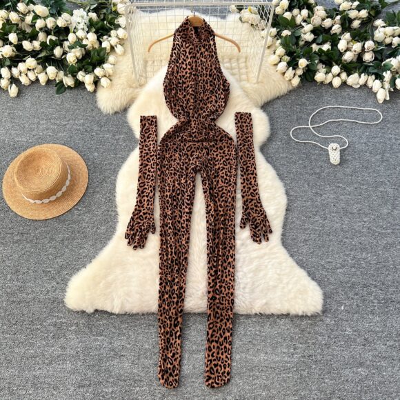 Animal Print Halter Sexy Jumpsuit With Gloves - Image 2