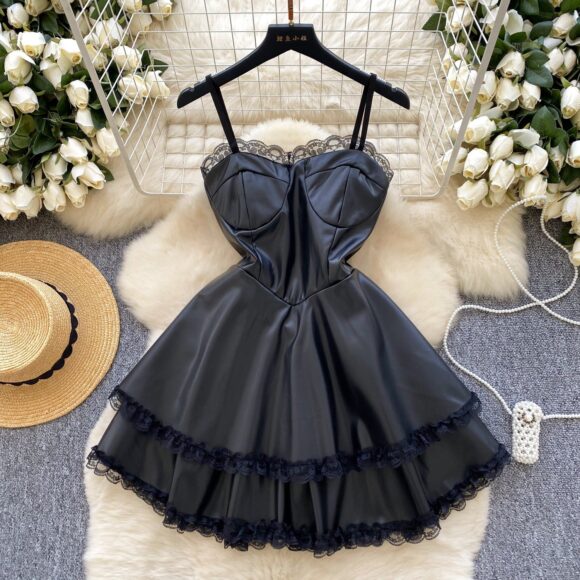 Short Black Mini Ruffles Lace Dress - Image 2