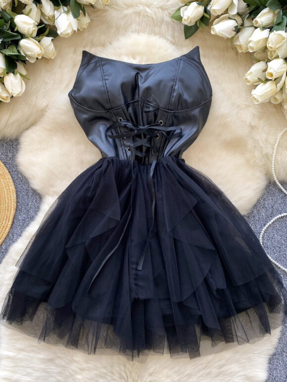 Sexy Lace Up Black Short Mini Tulle Dress