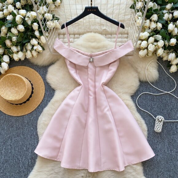 Pink Short Satin Off The Shoulder Cocktail Dress - Image 2