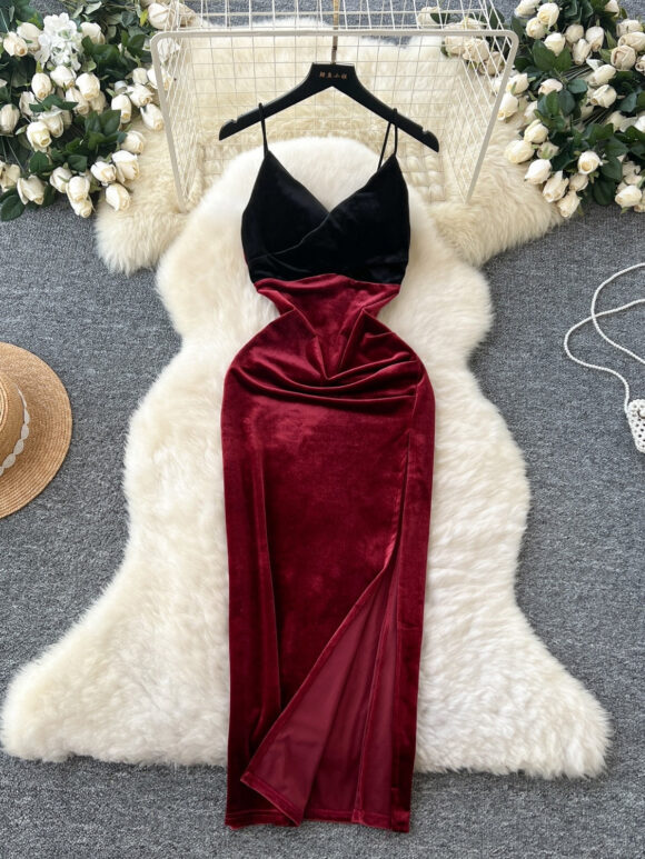 Velvet Burgundy Bodycon Slit Sexy Dress - Image 4