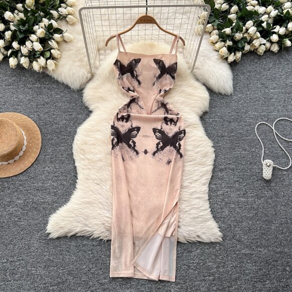 Butterfly Peach Bodycon Midi Summer Dress - Image 4