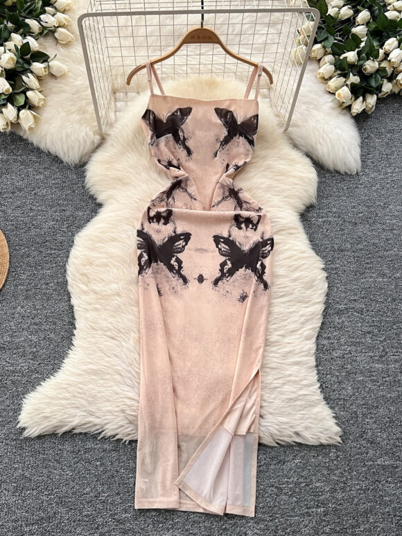 Butterfly Peach Bodycon Midi Summer Dress