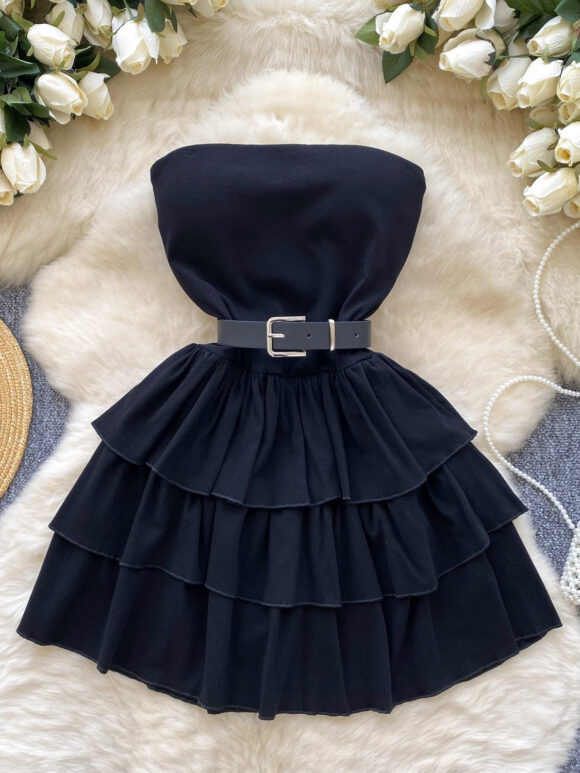 Black Strapless Belt Ruffles Short Mini Dress