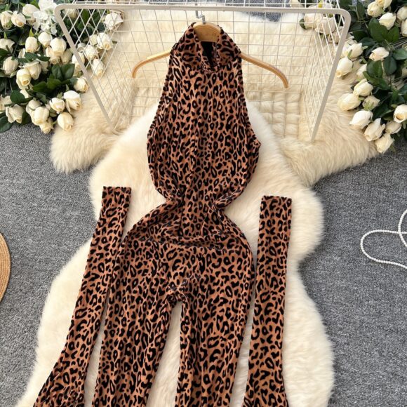 Animal Print Halter Sexy Jumpsuit With Gloves - Image 3