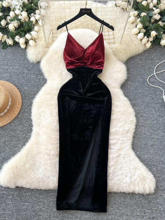 Velvet Burgundy Bodycon Slit Sexy Dress - Image 5