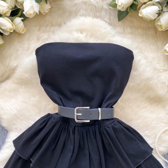 Black Strapless Belt Ruffles Short Mini Dress - Image 3