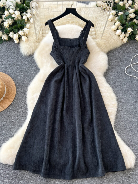 Black Button Straps Velvet Midi Dress - Image 3