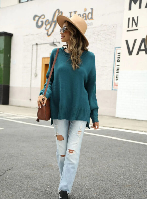 Solid Color Irregular Round Neck Split Hem Sweater - Image 3