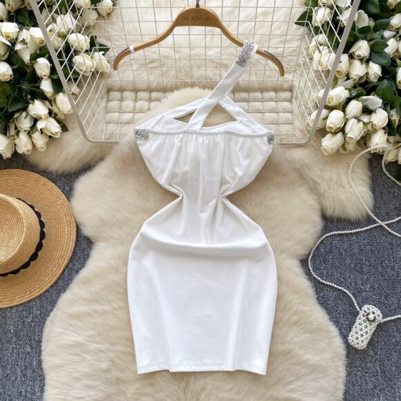 White One Shoulder Crystal Bodycon Mini Dress - Image 3