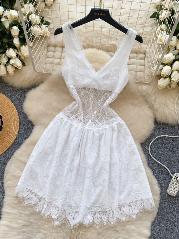 White Lace V Neck Sheer Summer Mini Dress - Image 3