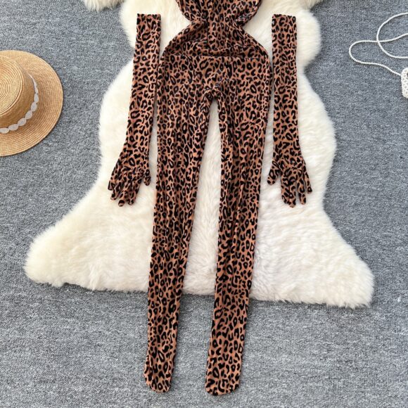 Animal Print Halter Sexy Jumpsuit With Gloves - Image 4