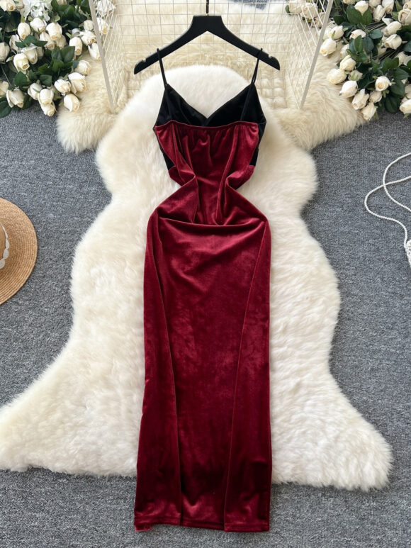 Velvet Burgundy Bodycon Slit Sexy Dress - Image 2