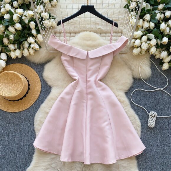 Pink Short Satin Off The Shoulder Cocktail Dress - Image 5