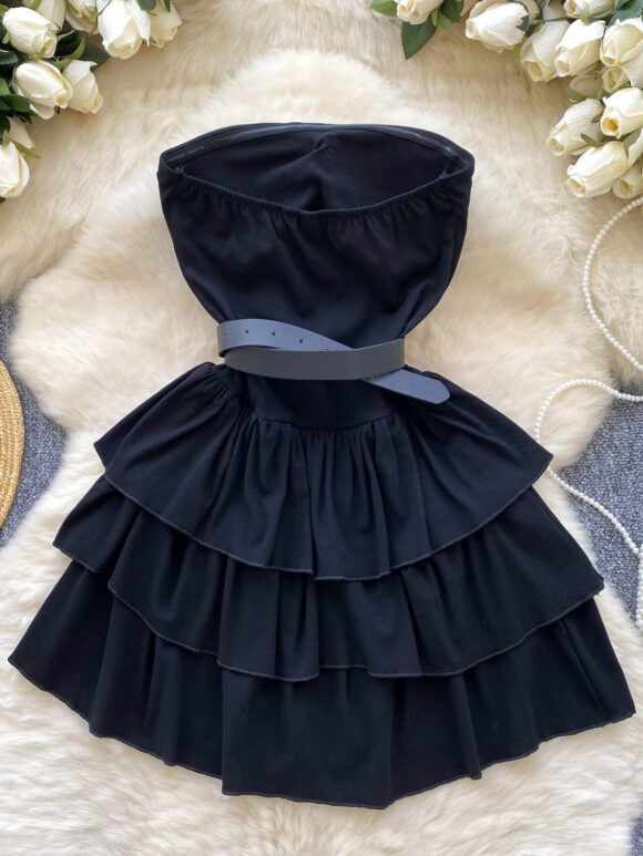 Black Strapless Belt Ruffles Short Mini Dress - Image 2