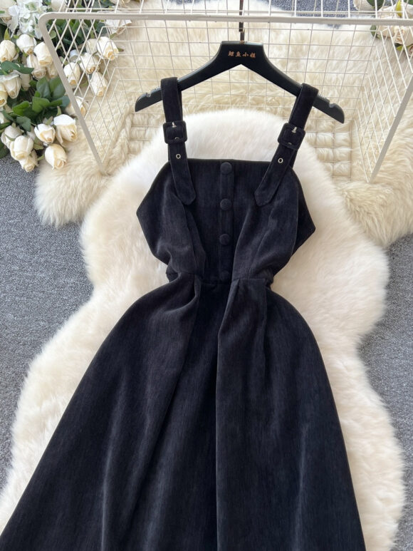 Black Button Straps Velvet Midi Dress - Image 4