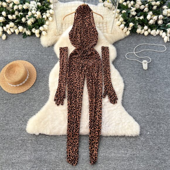 Animal Print Halter Sexy Jumpsuit With Gloves - Image 5