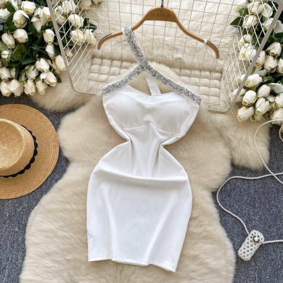 White One Shoulder Crystal Bodycon Mini Dress - Image 4