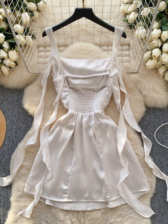 Soft Beige Ruffles Ruched Short Mini Dress - Image 2